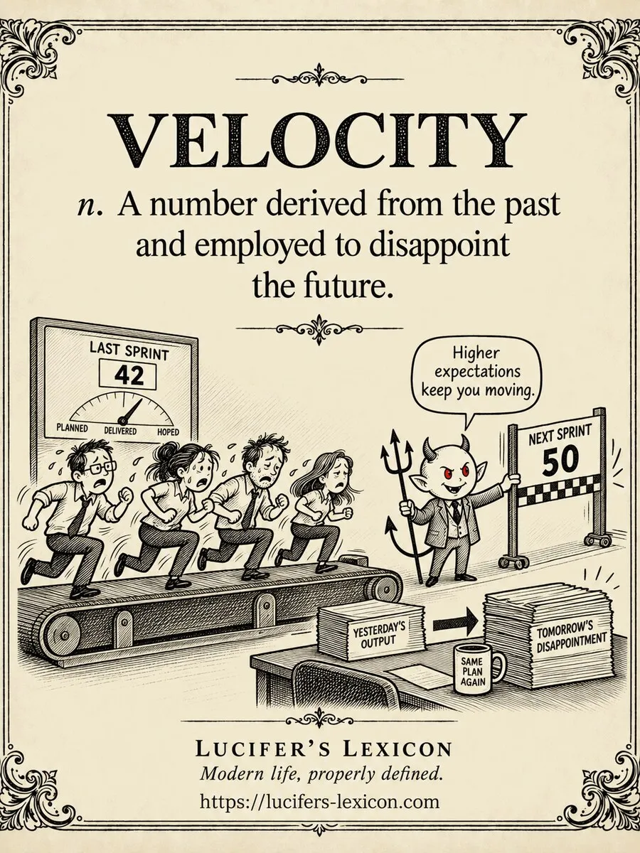 A hand-drawn satirical comic showing an exhausted software team running past last sprint's velocity while Lucifer moves a higher target farther into the future.