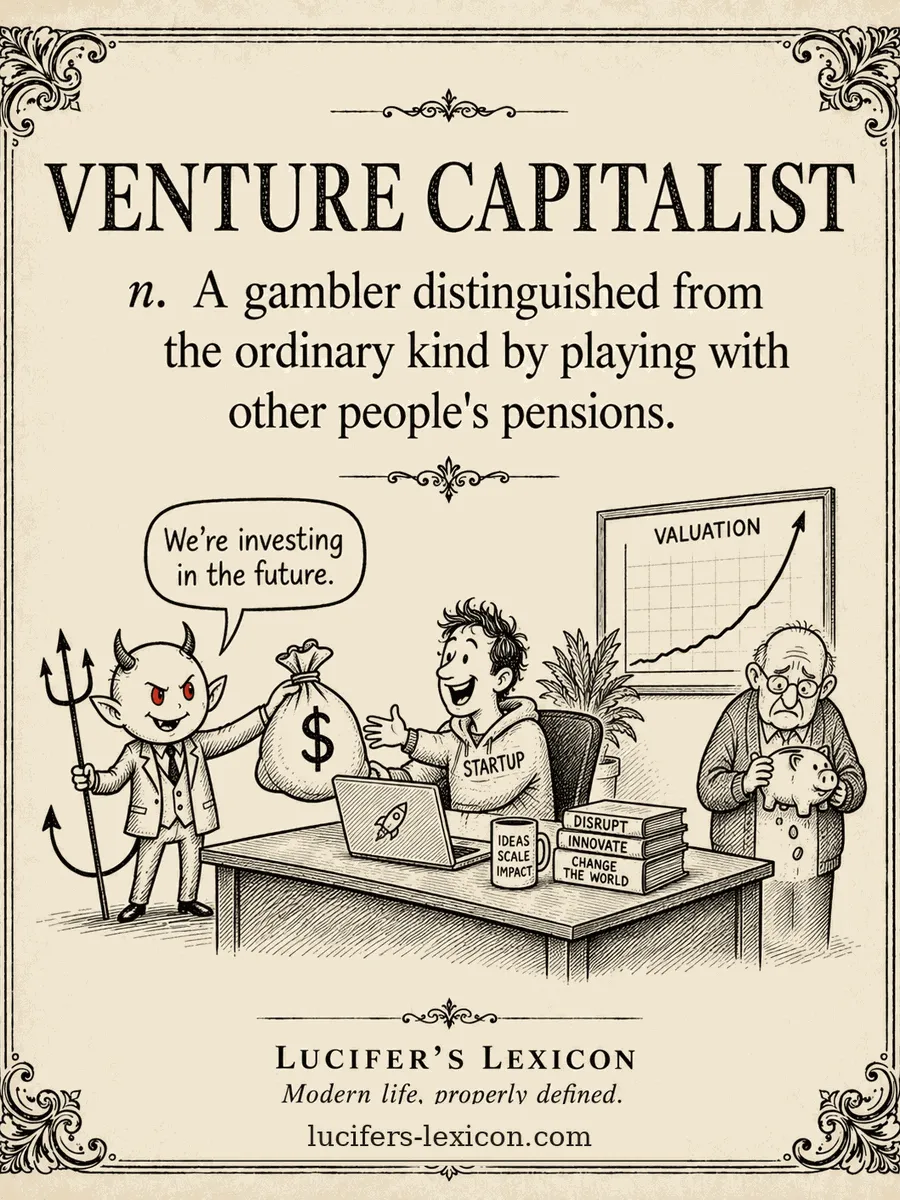A suited devil offers a bag of money to a smiling founder while an investor clutches a piggy bank beneath a rising valuation chart.