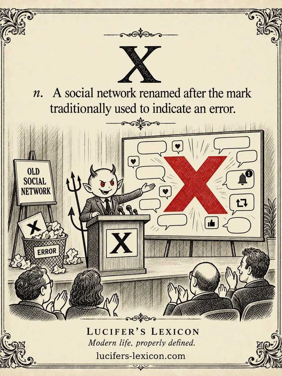 A hand-drawn satirical comic showing Lucifer unveiling a giant red X over a social feed while an ERROR bin holds the old sign.